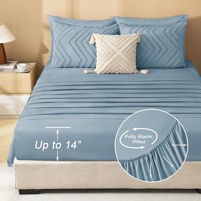 Litanika Twin XL Comforter Set Dusty Blue - Boho Tufted Shabby Chic Bed in a Bag for College Dorm, 5 Pieces Fluffy Soft Farmhouse Bed Set for All Seasons