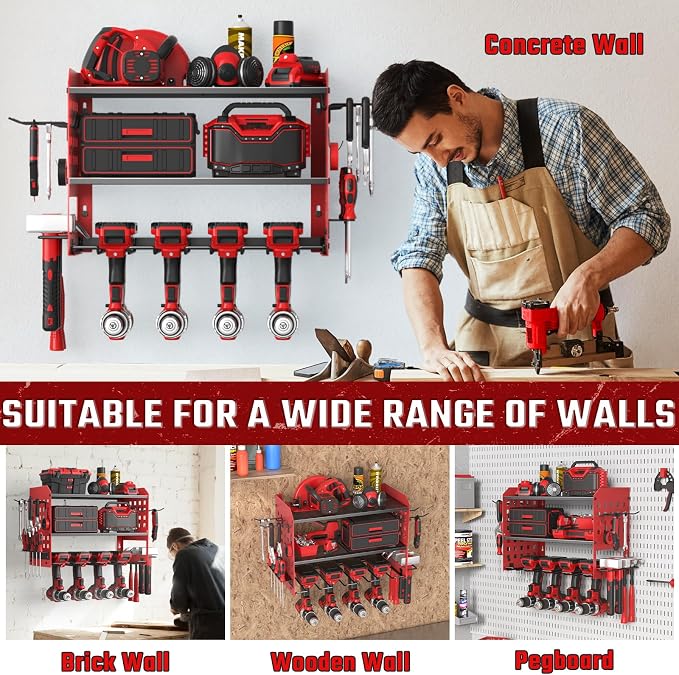 SUNALLY Power Tool Organizer, Heavy Duty Wall Mount Tool Organizer 3 Layers with 4 Drill Holders, Garage Tools Storage Rack with 2 Side Pegboards and Hooks for Workshop, Shed, Red - Image 6