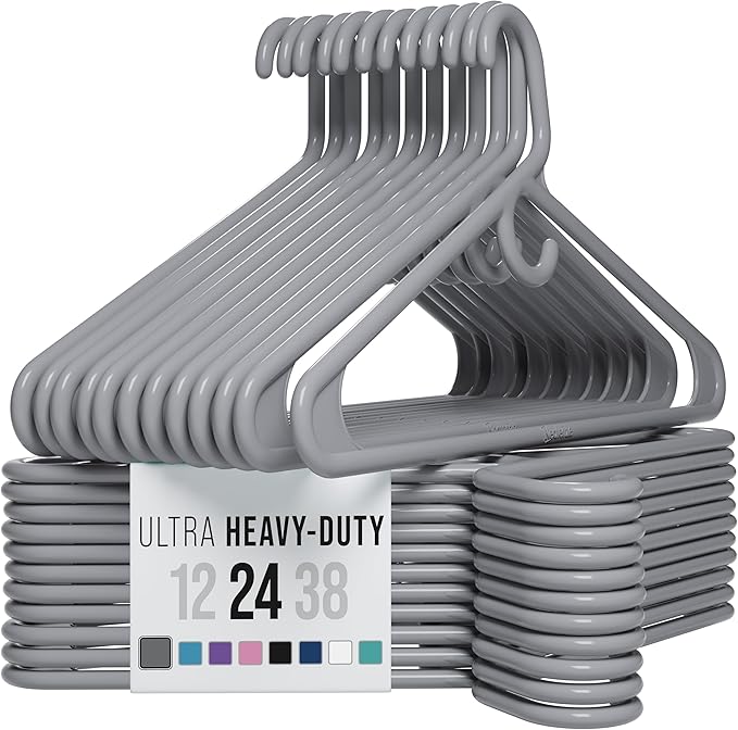 NEATERIZE Thick Heavy Duty Hangers - Grey Plastic Clothes Hangers 24 Pack - Great for Coat Hanger, Jackets Jeans & Suit Hanger for Closet - New Apartment Essentials Percheros Ganchos para Colgar Ropa by Neaterize