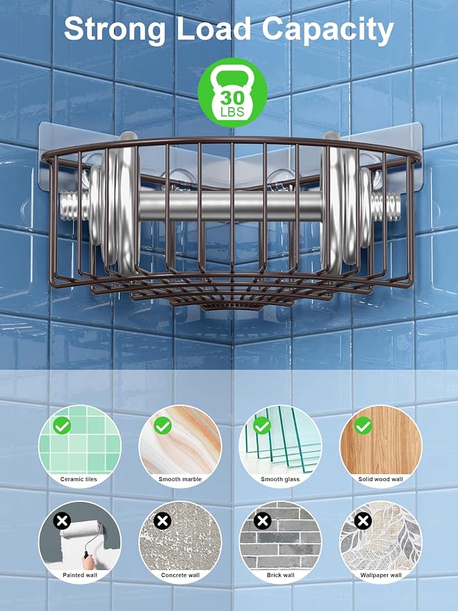 SMARTAKE 2-Pack Corner Shower Caddy Deep Basket Design, SUS304 Stainless Steel, Wall Mounted Bathroom Shelf with Adhesive, Storage Organizer for Toilet, Dorm and Kitchen (Bronze) - Image 5