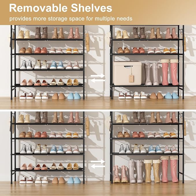 VILICK 5 Tier Shoe Rack 33" Wide Metal Shoe Organizer Long Shoe Storage with 4 Side Hooks Sturdy Shoes Shelf for Closet, Front Door Entrance, Garage, Dorm, Black - Image 6