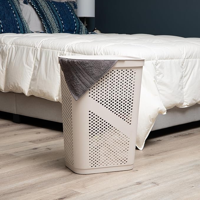 Mind Reader 60L Slim Laundry Hamper, Clothes Basket, Lid, Ventilated, Plastic, Set of 2, Ivory - Image 2