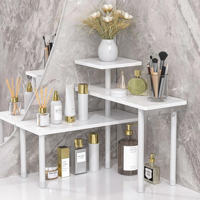 JayRex Bathroom Organizer Countertop Corner Shelf, 3 Tier Moveable Organizer for Make Up, Dresser Table, Desktop (White) by JayRex