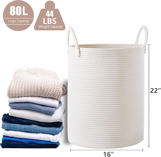 80L Extra Large White Hamper Tall Woven Laundry Basket Cotton Rope Blanket Basket for Living Room Clothes Hamper in Bedroom 16"L x 16"W x 22"H - Image 3