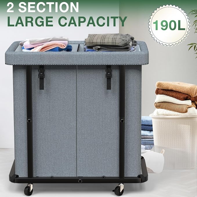 50 Gal(190L) High Grade Large Laundry Basket with Wheels, Rolling Laundry Hamper, Laundry Cart with Metal Frame and Removable Bag Design, Suitable for Laundry Room, Bedroom (Grey, 2 Section 190L) - Image 2