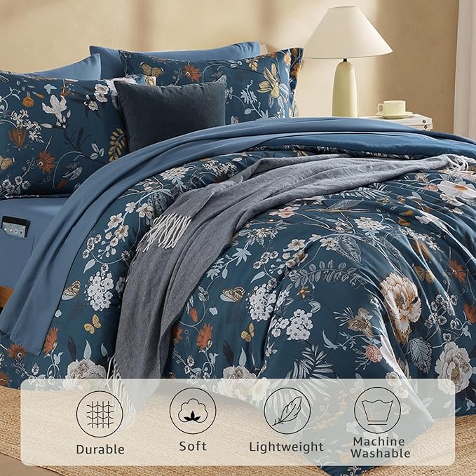 CASAAGUSTO Queen Comforter Set - 7 Pieces Blue Floral Bedding Sets, Queen Bed in a Bag with Botanical Butterfly Comforter, Sheets, Pillowcases & Shams for All Seasons