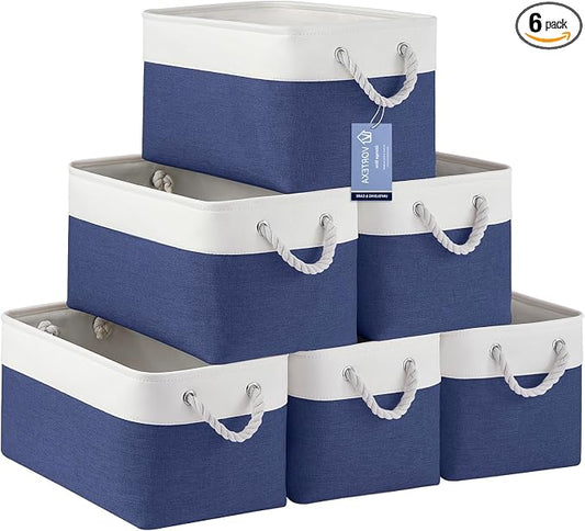 Large Storage Baskets- 15x11x10 inch Storage Bins for Shelves and Closet Organizing, Foldable Fabric Bin for Home Organization Clothes and Laundry (6-Pack, White&Blue) by VQRTEXAStorageBasket