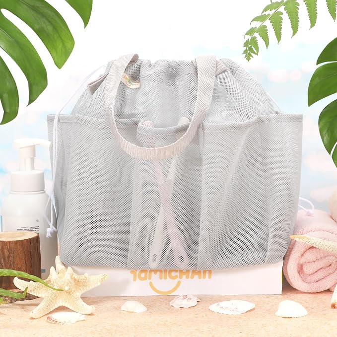 famichan Mesh Shower Caddy Portable with Drawstring, Dorm Room Essentials for College Students, Grey Shower Bag for Camping,Swimming,Gym,Travel,Bathroom - Image 4