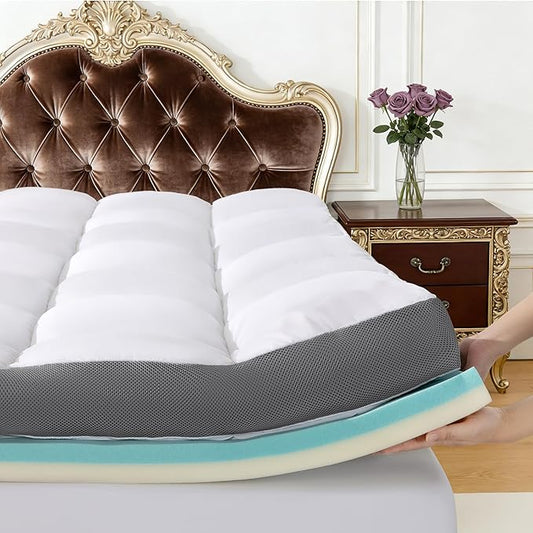 5 Inch Dual Layer Memory Foam Mattress Topper - 2.5 Inch 1500GSM Fluffy Soft Pillow Top Mattress Cover and 2.5 Inch Cooling Gel Memory Foam for Back Pain Relief,,Fits 6-18" Deep Pocket(Queen, 60"x80")