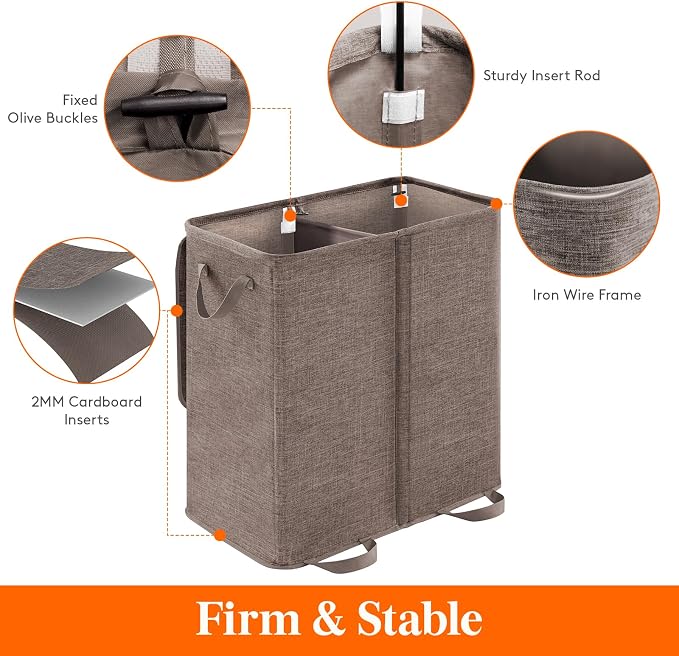 Lifewit Double Laundry Hamper with Lid and Removable Laundry Bags, Large Collapsible 2 Dividers Dirty Clothes Basket with Handles for Bedroom Laundry Room Closet Bathroom College, 136L Brown - Image 2