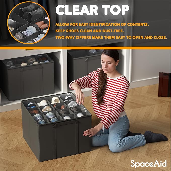 SpaceAid Shoe Organizer for Closet, 2 Pack Foldable Shoe Storage Containers Baskets Boxes Bins w/Adjustable Dividers, Fits 16-32 Pairs, Grey - Image 4