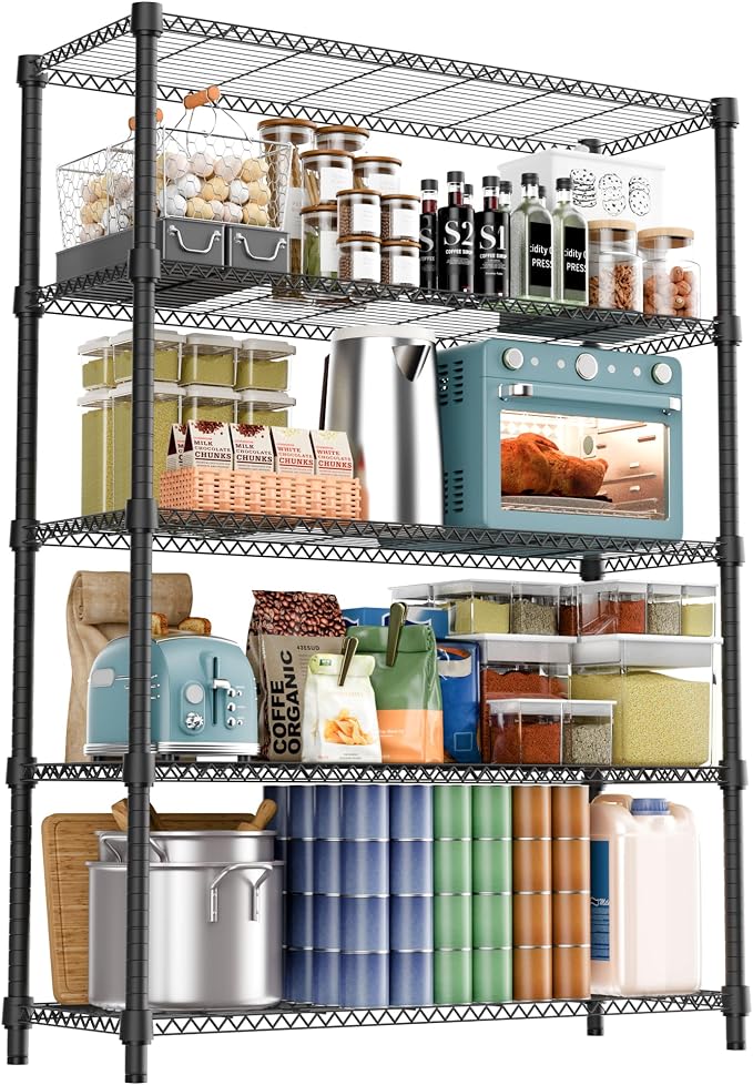 M MZG 1750LBS 47.2" W 5 Tiers Shelf Steel Storage Shelves Shelving Unit Steel Organizer Wire Rack for Home,Kitchen,Office,Garage Black 17.7" D x 47.2" W x 72.4" H by MEIGAOPLASTICANDMETALHKCOLIMITED