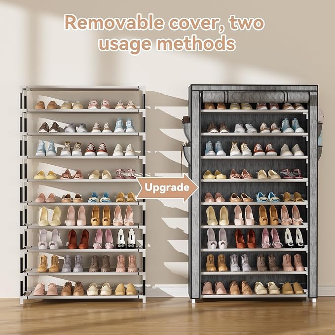 LANTEFUL Shoe Rack with Covers 10 Tier Tall Shoe Rack Organizer Large Capacity Shoe Shelf Storage 40 Pairs Space Saving Free Standing Shoe Storage Organizer for Closet, Entryway, Dorm, Printing - Image 5