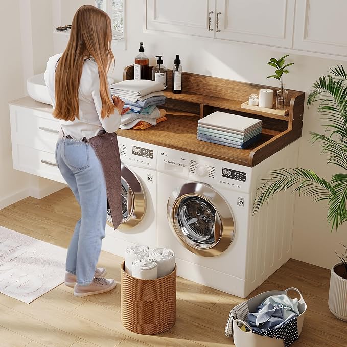 2-Tier Washer Dryer Countertop with 2.75"H Edge Rails, 54" W x 27.55" D Laundry Countertop for Folding Clothes, Washer and Dryer Topper with Non-Slip Pad (Brown) - Image 3