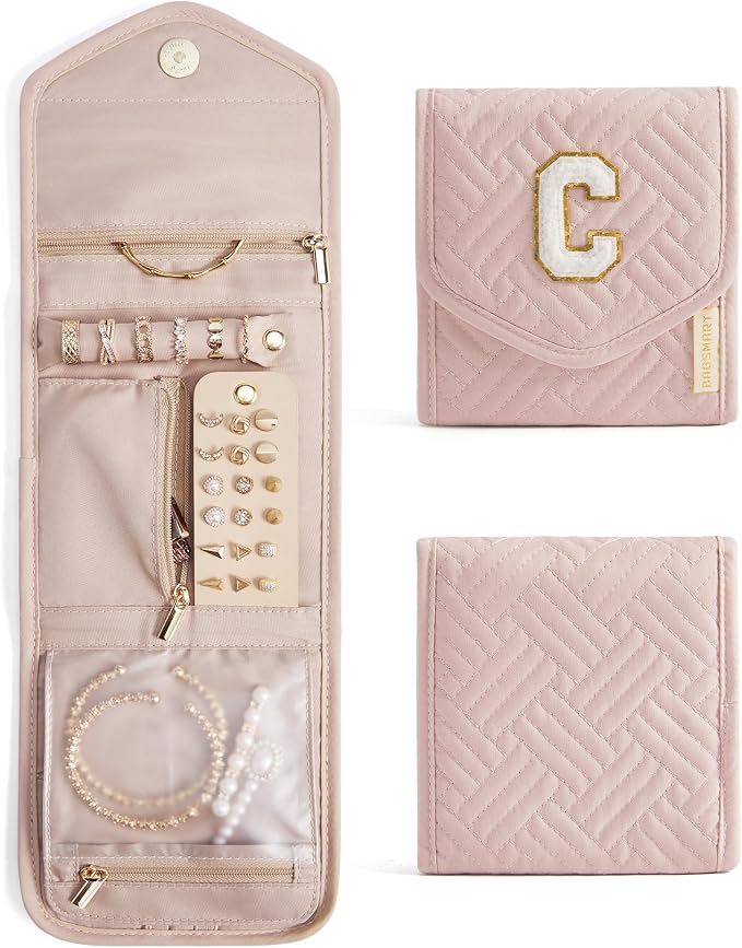 BAGSMART Travel Jewelry Organizer Case C Initial Foldable Jewelry Roll for Journey Rings, Necklaces, Earrings, Bracelets,Mini,Letter C,Soft Pink by BAGSMART