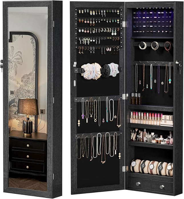 DUMOS 6 LEDs Mirror Jewelry Cabinet, Wall or Door Mounted Jewelry Organizer, 47.2-Inch Tall Lockable Large Capacity Cosmetic Storage, Gift Idea by DumosLifestyle