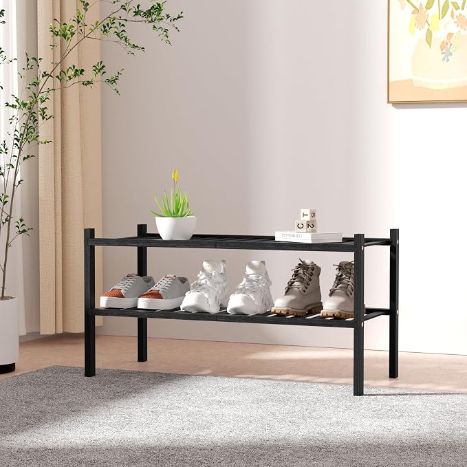 ROMGUAR CRAFT 2 Tier Bamboo Shoe Rack for Closet Free Standing Wood Shoe Shelf for Entryway Small Space Stackable 27"x11"x13" (Black) - Image 2