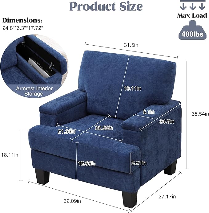 Oversized Accent Chair Set of 2 with Storage Armrest, Modern Upholstered Reading Living Room Chairs, Comfy Large Armchair, Fabric Single Sofa Chair for Bedroom (Navy Blue)