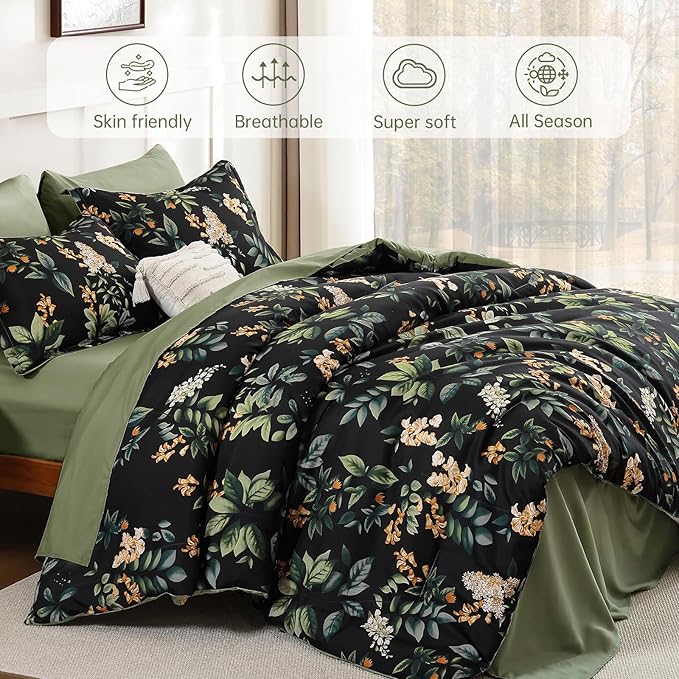 Cottolester Black Comforter Set Queen Size Floral 7-Piece Bedding Set,Botanical Comforter Set with Pillowcases,Soft Microfiber Complete Bedding Sets for All Season