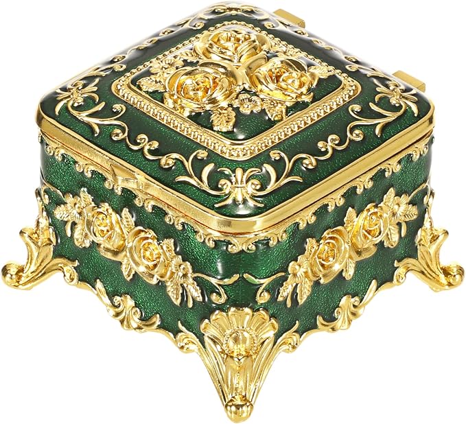 Hipiwe Vintage Jewelry Box Small Trinket Storage Organizer Box Gold Metal Chest Ring Case Treasure Chest Square Keepsake Boxes for Earrings Necklace Gift for Women,Green by Hipiwe