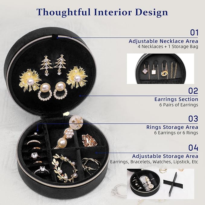 CONBOLA Travel Jewelry Case Small Jewelry Box for Women Girls,Round Velvet Jewelry Travel Organizer,Portable Jewelry Box for Rings Earrings Necklaces Bracelets.(Black,Large) - Image 3