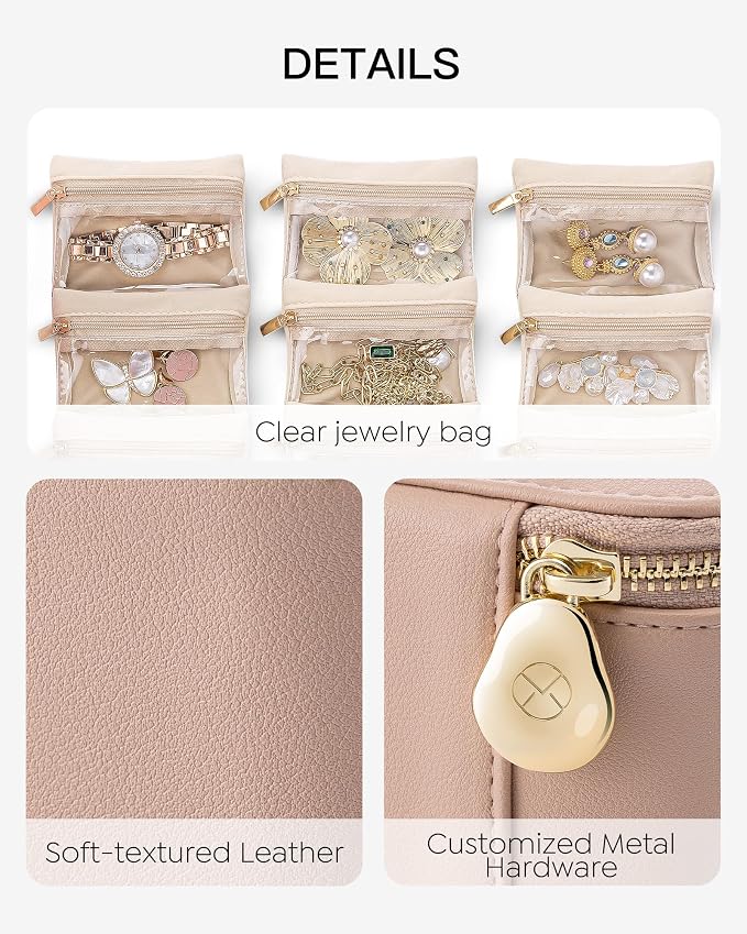 Vlando Jewelry Travel Case,Travel Jewelry Organizer with Clear Velvet Jewelry Bags 6Pcs Zipper Pouch for Women Gift Ideas for Birthday Wedding Graduation-Khaki - Image 3