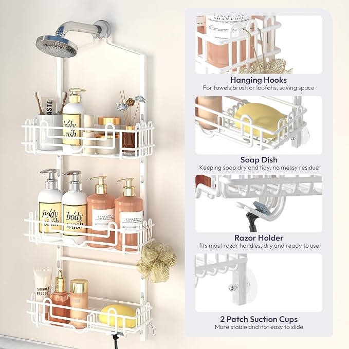 SWTYMIKI Shower Caddy Hanging Organizer - 3-Tier Rustproof Shower Organizer Over Showerhead with Adjustable Baskets, 24 Hooks, Soap & Razor Holder - No Drill Large Bathroom Storage Rack, White - Image 5