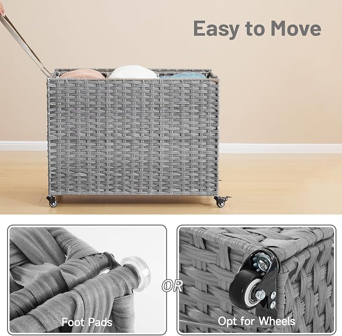 Laundry Hamper with Wheels, 52.8 Gallon(200L) Rolling Laundry Basket with Lid, 3-Section Rattan Clothes Hamper with 3 Removable Liner & 3 Mesh Bags, Laundry Sorter with Side Pocket, Grey - Image 6