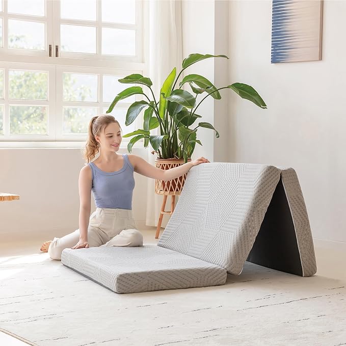 MLILY Tri-Fold Memory Foam Mattress Topper, 4 inch Single Folding Mattress with Collapsible and Washable Cover, Travel and Guest Mat, 75"×25"×4", Grey