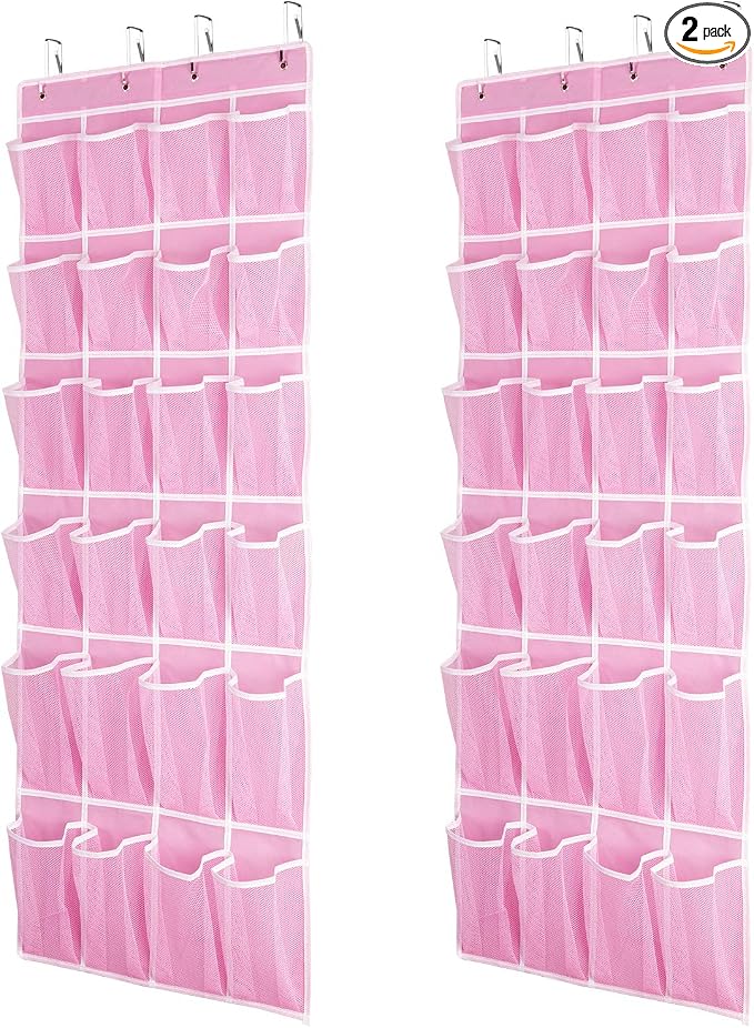 SAVERHO 2 Pack Hanging Shoe Organizer，Over Door Shoe Organizer with 24 Mesh Large Pockets Shoe Storage Bag for Sport Shoes Size:58x21 Inch Hanging Door Shoe Rack Organizer (Pink-2pack) by SAVERHO