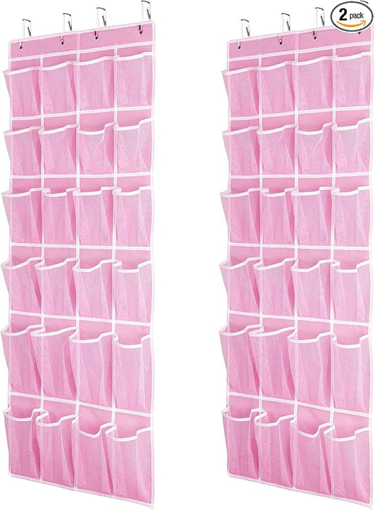 SAVERHO 2 Pack Hanging Shoe Organizer???Over Door Shoe Organizer with 24 Mesh Large Pockets Shoe Storage Bag for Sport Shoes Size:58x21 Inch Hanging Door Shoe Rack Organizer (Pink-2pack) by SAVERHO