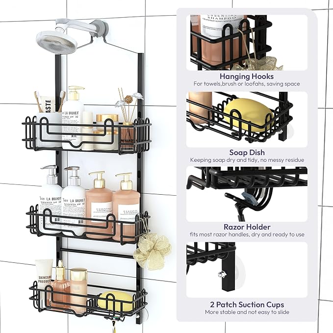 SWTYMIKI Shower Caddy Hanging Organizer - 3-Tier Rustproof Shower Organizer Over Showerhead with Adjustable Baskets, 24 Hooks, Soap & Razor Holder - No Drill Large Bathroom Storage Rack, Black - Image 4