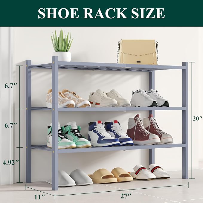 Smiry Shoe Rack, 3 Tier Bamboo Shoe Organizer, Stackable Free Standing Wooden Shoe Storage Shelf for Closet, Entryway, Front Door Entrance, Grey - Image 2