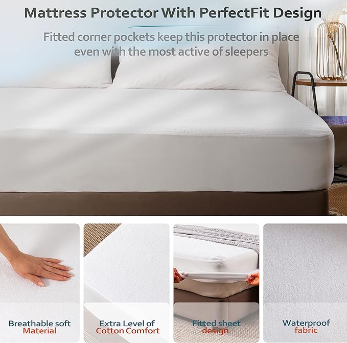 PlushDeluxe Full Mattress Protector, Breathable Soft Terry Cotton Fitted Sheet Bed Cover with Deep Stretchable Pockets, 100% Waterproof, Noiseless, Hypoallergenic, Dust Mite Proof, 54"x75"x15"