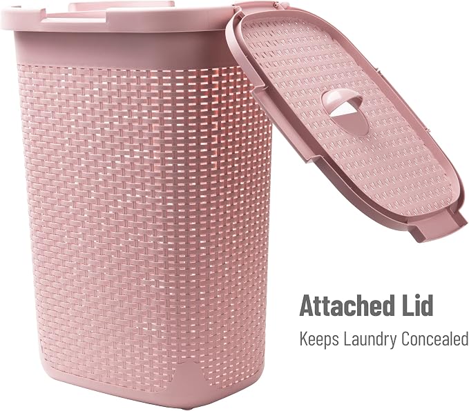 Mind Reader Slim Laundry Hamper with Lid, 60L Tall Clothes Basket, Narrow Tapered Design for Bathrooms, Closets and Laundry Rooms, Plastic, Pink - Image 5