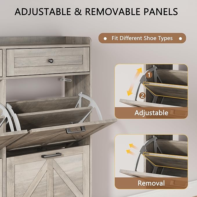 Shoe Cabinet with 4 Flip Drawers & 2 Top Drawers, 43" Tall Freestanding Narrow Wooden Shoe Storage Organizer for Entryway, Hidden Slim Shoe Rack for Front Door Entrance, Hallway, Living Room, Grey - Image 3