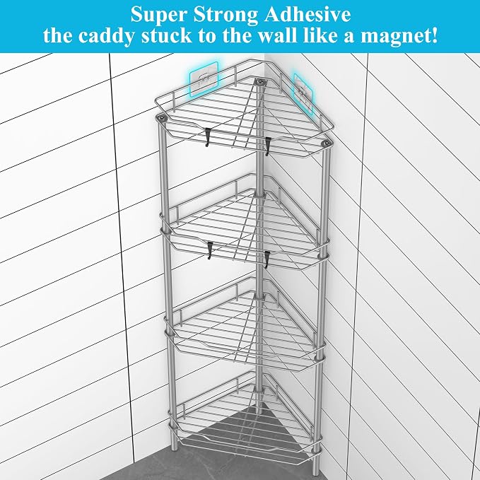 HuggieGems 4 Tier Floor Standing Corner Shower Caddy Organizer Shelf with Hooks, Bathroom Shelves Stand Rack, Gray - Image 2