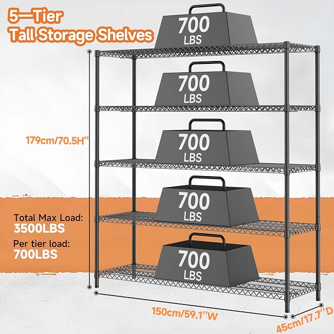 M MZG 3500LBS 59" W 5 Tiers Storage Shelves, Metal Shelving Wire Metal Shelving Unit Shelves for Storage Adjustable Garage Shelving for Pantry Kitchen Garage Black 17.7" D x 59.1" W x 70.4" H - Image 3