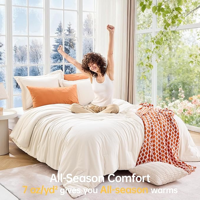 MUXHOMO Full Comforter Sets, All Season Ultra Soft Down Alternative Bedding - 3 Piece Lightweight Bed Set Includes 1 Comforter (82"x86") and 2 Pillow Shams (20"x26"), Ivory