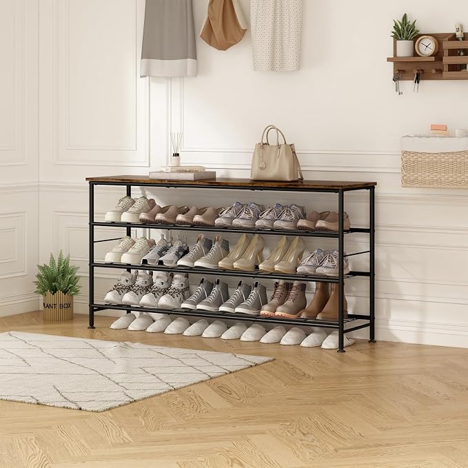 SUOERNUO Shoe Rack Organizer 4 Tier for Closet Entryway Free Standing Metal Storage Shoe Shelf with MDF Top Board (Black+Rustic Brown, Large 4 Tier) - Image 5