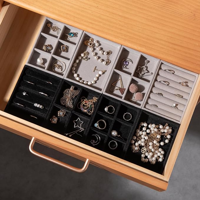 Frebeauty Small Jewelry Tray Set,Stackable Velvet Jewelry Organizer Tray,Mini Jewelry Drawer Organizer,Drawer Inserts,4.92 x 3.74 x 0.9 Inches,4 Grid Earring Organizer for Women(Set 2,Black) - Image 7