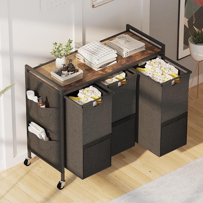 Huhote Laundry Hamper, Laundry Basket, Laundry Sorter with Top Shelf & 3 Removable Washable Bags & Side Pockets for Laundry Room organization, Bathroom and Dorm, Rustic Brown and Black - Image 5