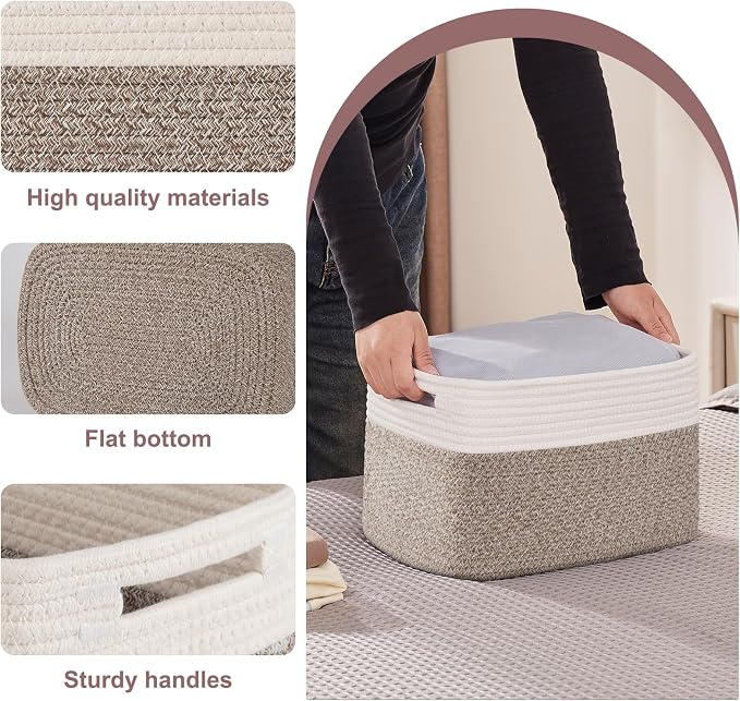 OIAHOMY 4 Pack Storage Baskets for Organizing, Basket for Shelves with Handle, Woven Baskets for Storage Toys, Towels, Books, Cotton Rope Basket 13" L x 9 " W x 7.8 " H, Deep Brown & White - Image 3
