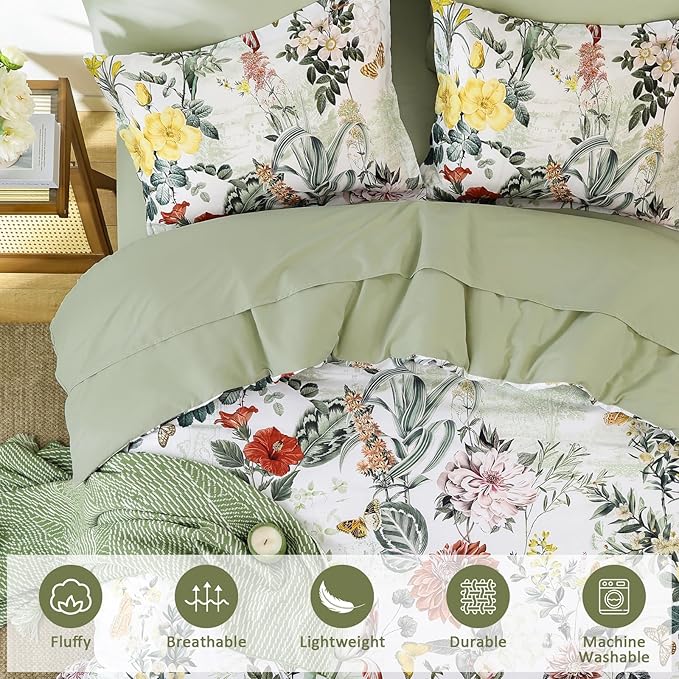 WONGS BEDDING Sage Green Comforter Set King,7 Pieces Floral Comforter Set for All Seasons,Bed in a Bag King with Botanical Flowers Comforter, Sheets, Pillowcases & Shams