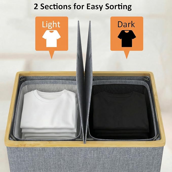 efluky Laundry Hamper with Lid, Double Laundry Hamper with 2 Removable Bags, 2 Section Laundry Basket with Bamboo Handles for Bathroom, Bedroom & Laundry Room, 140L (36.9 Gallon) Blue Grey - Image 5