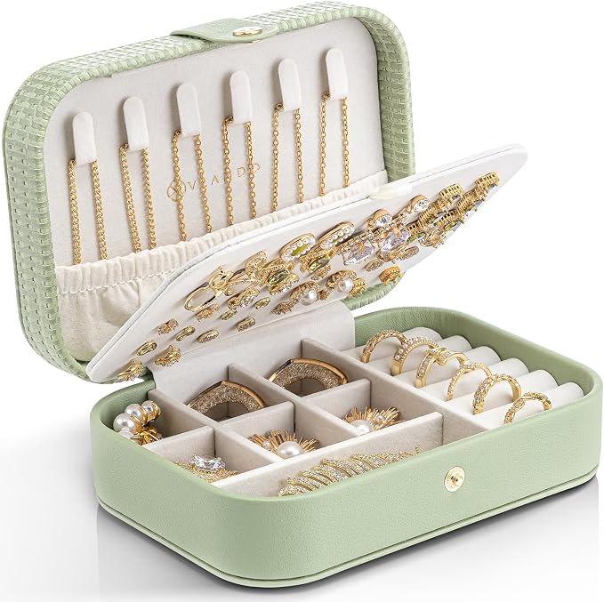 VLANDO Travel Jewelry Case, PU Leather Travel Jewelry Box with Earring Holder, Portable Display Small Jewelry Box for Mothers Day Women Girls Gift - Green by VLANDO