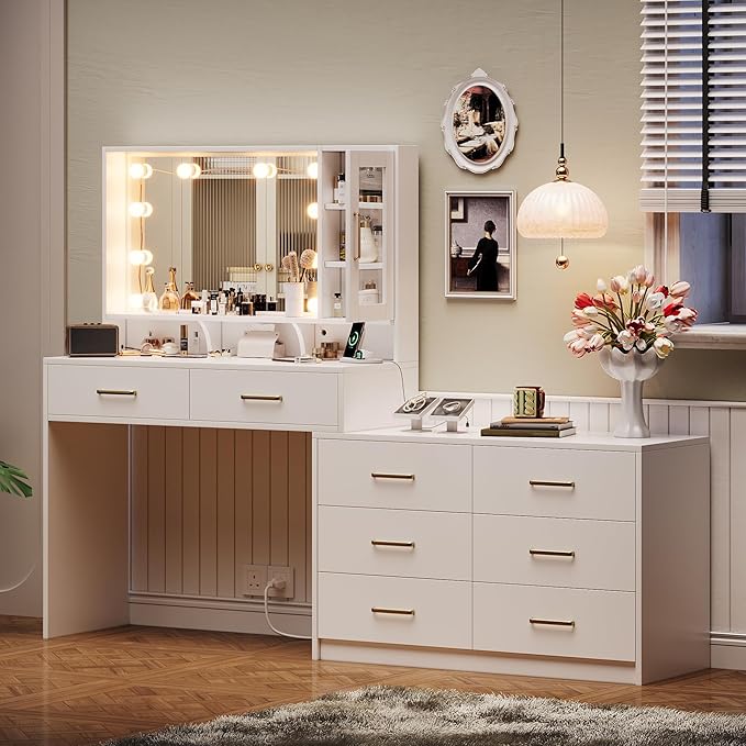 UGTOO Makeup Vanity Desk with Mirror and Lights, 59" Makeup Desk with Drawers & Cabinet & Dresser, Large Vanity Table with 8 Drawers, Vanity Desk with Large Mirror and 3-Color Lights for Girls