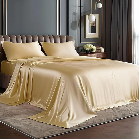 BEDELITE Satin Sheets Twin XL Size Bed Set, Luxury Soft Champagne Silky Sheet for Hair and Skin, Similar to Silk Bed Sheets Set 3 Pieces with 1 Deep Pocket Fitted Sheet, 1 Flat Sheet, and 1 Pillowcase