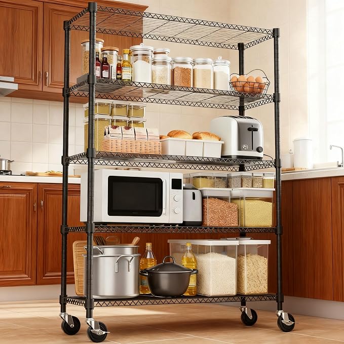 M MZG 1750LBS 47.2" W 5 Tiers Storage Shelves Metal Shelving Unit with Wheels Heavy Duty Garage Shelving Adjustable Wire Shelves for Pantry,Kitchen,Garage,Basement,Black 17.7" D x 47.2" W x 76.8" H - Image 5