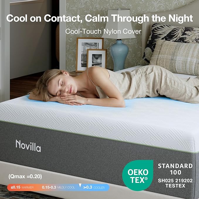 Novilla Bliss Green Tea Queen Mattress, 14 Inch Gel Memory Foam Mattress Queen in a Box for Cooling Comfort with Nylon Cover, Pressure Relieving & Spine Alignment with CertiPUR-US Certified Foams